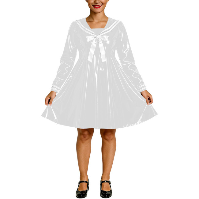 Shiny PVC Faux Latex Sailor Dress for Womens White Striped Collar Bow Long Sleeve Flared Mid Dress Anime Cosplay School Uniform
