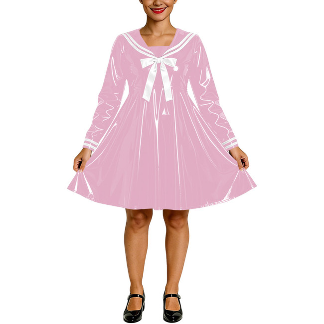 Shiny PVC Faux Latex Sailor Dress for Womens White Striped Collar Bow Long Sleeve Flared Mid Dress Anime Cosplay School Uniform
