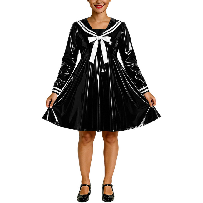 Shiny PVC Faux Latex Sailor Dress for Womens White Striped Collar Bow Long Sleeve Flared Mid Dress Anime Cosplay School Uniform