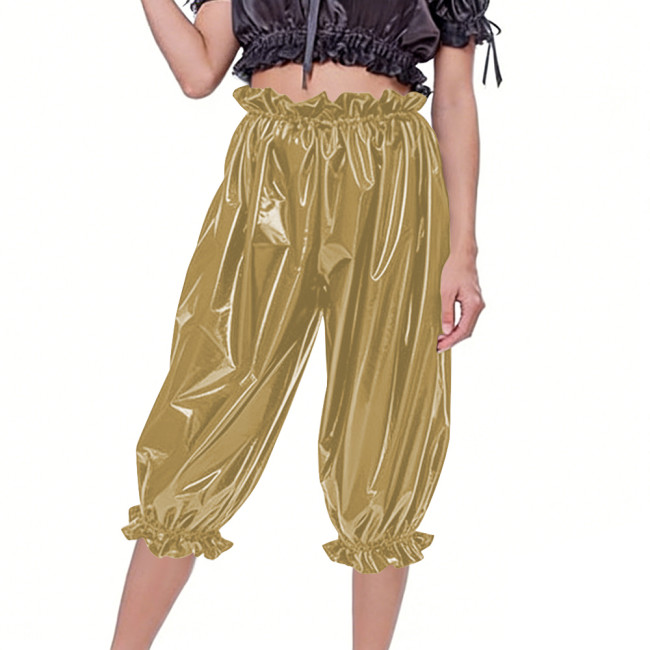 Women's Casual Shiny PVC Baggy Pants Elastic Waist Ruffle Cuffs Loose Mid Pants Fetish Glossy Faux Leather Bloomers Club Bottoms