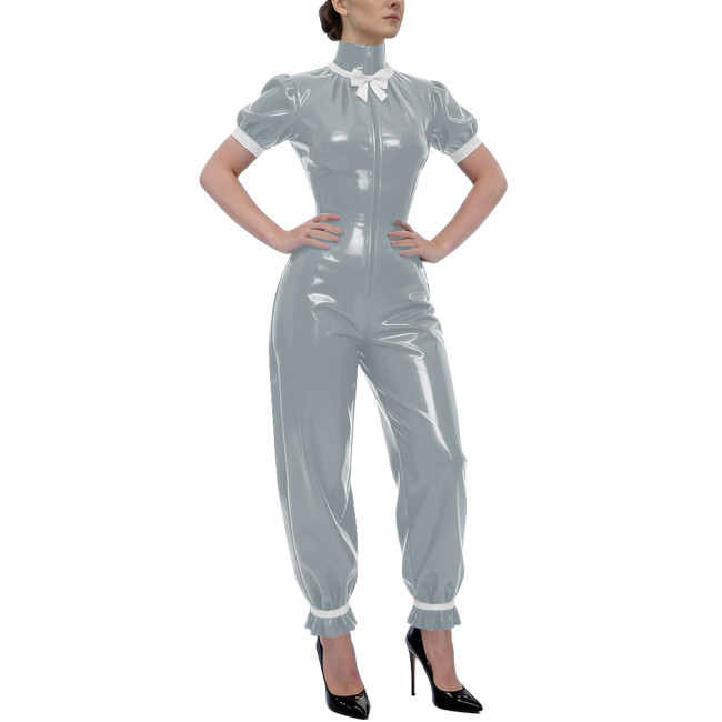 Rave Party Glossy PVC Jumpsuit High Neck Bow Puff Sleeve Front Zipper Wetlook Rompers Sweet Nightclub Catsuit Cosplay Outfits