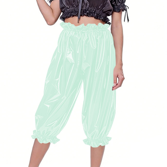 Women's Casual Shiny PVC Baggy Pants Elastic Waist Ruffle Cuffs Loose Mid Pants Fetish Glossy Faux Leather Bloomers Club Bottoms