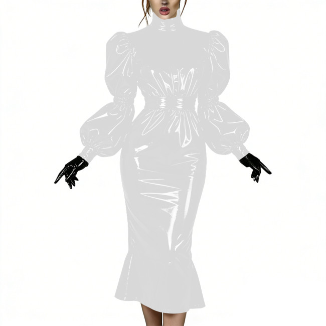 Evening Party Glossy Midi Mermaid Dresses Vinyl PVC Leather High Neck Puff Sleeve Bodycon Dress Elegant Ruffles Gown Club Outfit