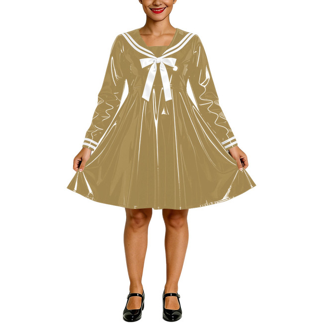Shiny PVC Faux Latex Sailor Dress for Womens White Striped Collar Bow Long Sleeve Flared Mid Dress Anime Cosplay School Uniform