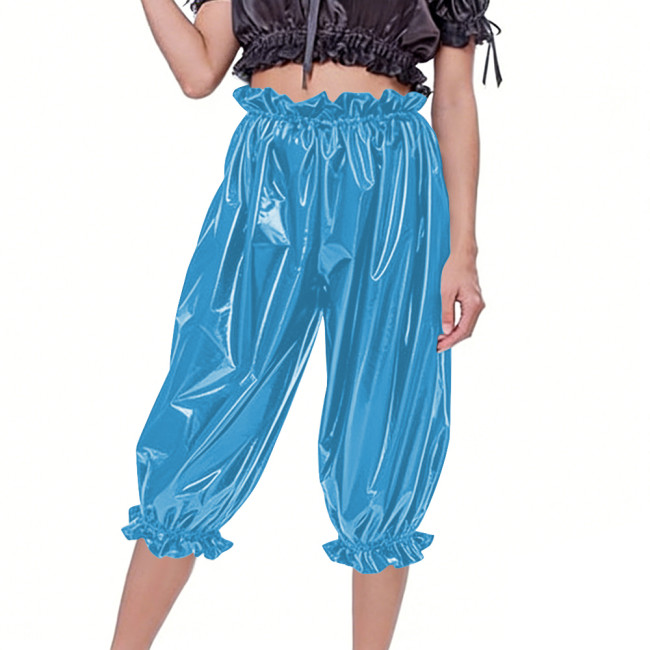 Women's Casual Shiny PVC Baggy Pants Elastic Waist Ruffle Cuffs Loose Mid Pants Fetish Glossy Faux Leather Bloomers Club Bottoms