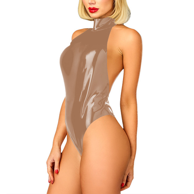 Wet Look Shiny PVC High Cut Bodysuit Vinyl Leather Sexy Halter Open Back Leotard Womens Cosplay Teddies Tops Erotic Lingerie 7XL