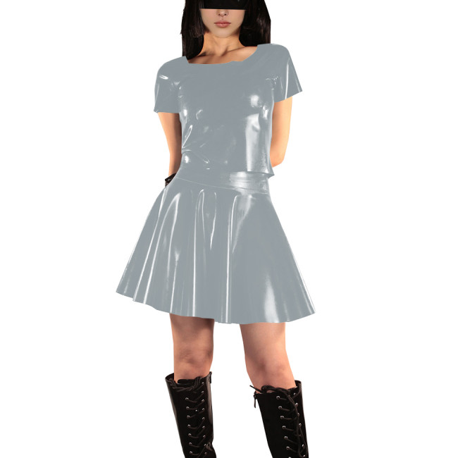 Women's Vinyl PVC Leather Two Piece Outfit Fashion Casual Short Sleeve Crop Top and Mini Flared Skater Skirt Set Street Outfits