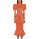 Puff Short Sleeve PVC Vinyl Leather Dress for Womens Turtleneck High Waist Flared Mermaid Slim Midi Gown Party Nightclub Formal