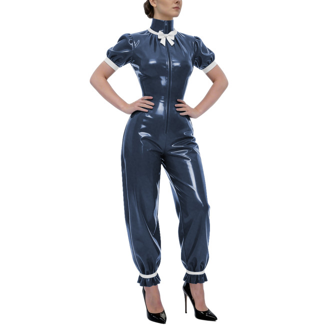 Rave Party Glossy PVC Jumpsuit High Neck Bow Puff Sleeve Front Zipper Wetlook Rompers Sweet Nightclub Catsuit Cosplay Outfits