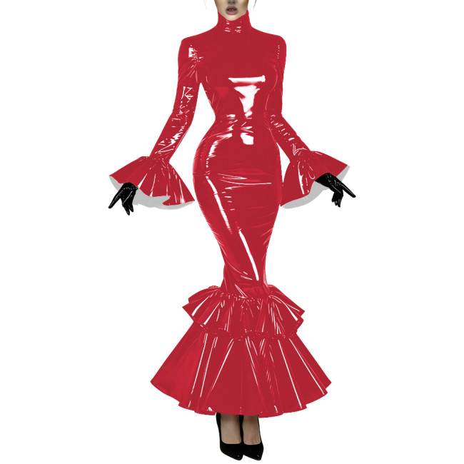 Women's Glossy Latex-like PVC Mermaid Dress High Neck Flared Long Sleeve Ruffle Hem Bodycon Maxi Dress Formal Party Vestidos