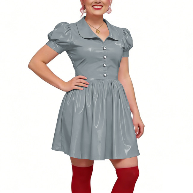 Preppy Shiny PVC Peter Pan Collar Mini Dress for Womens Puff Short Sleeve Button Front A-Line Dress Retro Party Club Short Gown