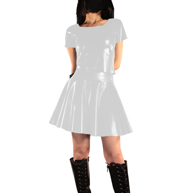 Women's Vinyl PVC Leather Two Piece Outfit Fashion Casual Short Sleeve Crop Top and Mini Flared Skater Skirt Set Street Outfits
