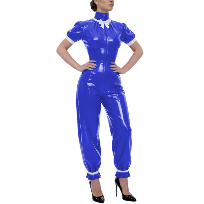 Rave Party Glossy PVC Jumpsuit High Neck Bow Puff Sleeve Front Zipper Wetlook Rompers Sweet Nightclub Catsuit Cosplay Outfits