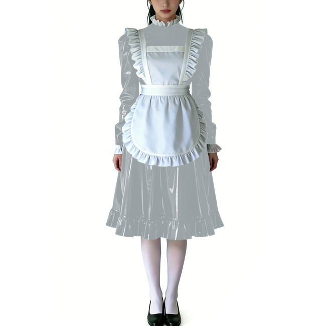 Sissy Ruffled High Neck French Maid Dress Sets Long Sleeve PVC Shiny Apron Lolita Style Maid Uniforms for Cosplay Theme Parties