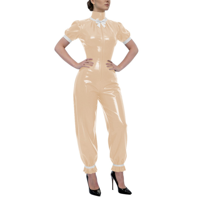 Rave Party Glossy PVC Jumpsuit High Neck Bow Puff Sleeve Front Zipper Wetlook Rompers Sweet Nightclub Catsuit Cosplay Outfits