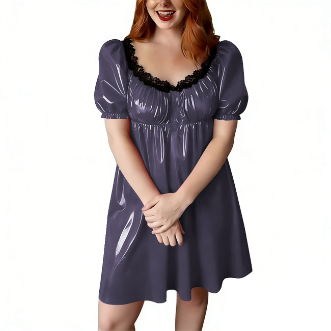 Women's Short Babydoll Dress with Black Lace Trim PVC Shiny Leather Puff Sleeve Flared Mini Dress Party Lingerie Wet Sleepwear