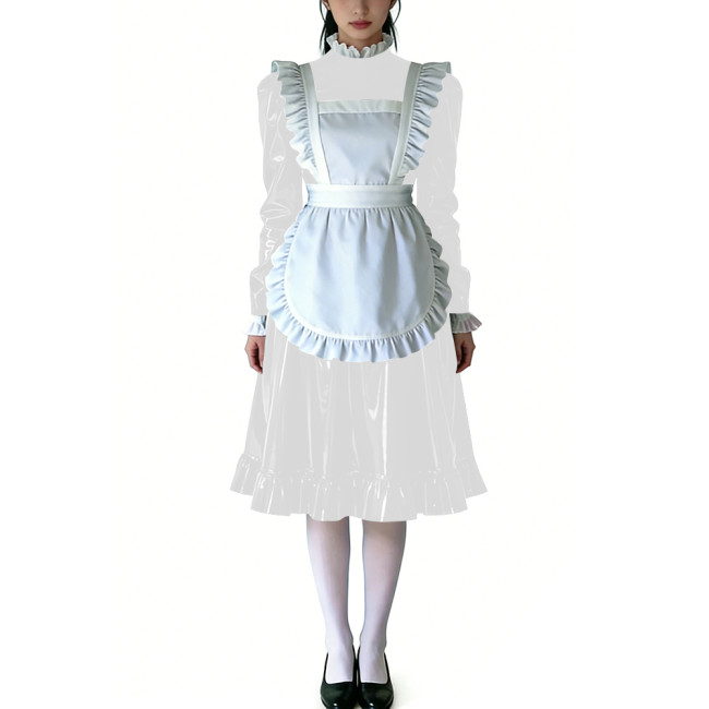 Sissy Ruffled High Neck French Maid Dress Sets Long Sleeve PVC Shiny Apron Lolita Style Maid Uniforms for Cosplay Theme Parties
