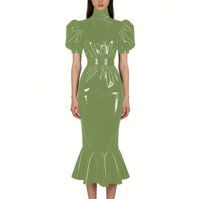 Puff Short Sleeve PVC Vinyl Leather Dress for Womens Turtleneck High Waist Flared Mermaid Slim Midi Gown Party Nightclub Formal