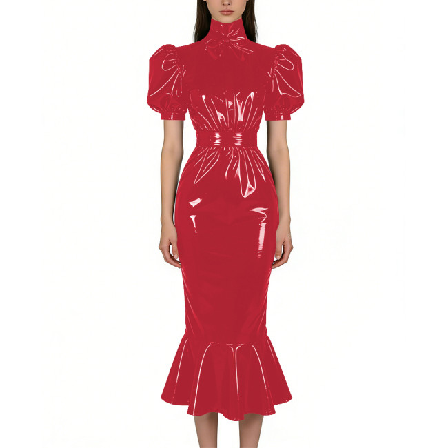 Puff Short Sleeve PVC Vinyl Leather Dress for Womens Turtleneck High Waist Flared Mermaid Slim Midi Gown Party Nightclub Formal