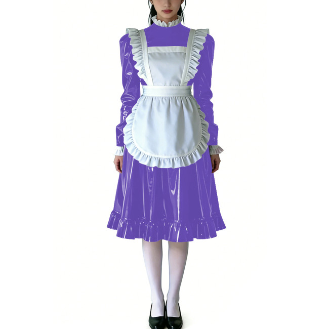Sissy Ruffled High Neck French Maid Dress Sets Long Sleeve PVC Shiny Apron Lolita Style Maid Uniforms for Cosplay Theme Parties