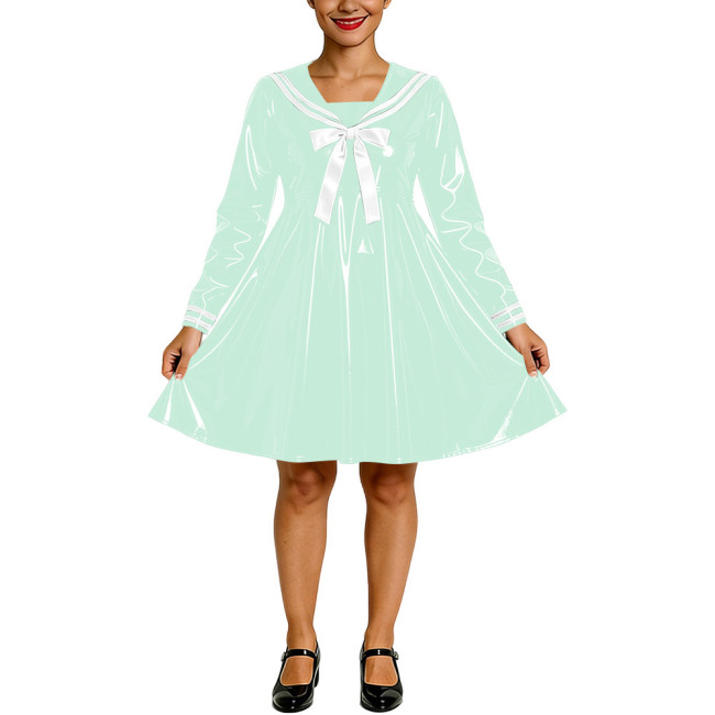 Shiny PVC Faux Latex Sailor Dress for Womens White Striped Collar Bow Long Sleeve Flared Mid Dress Anime Cosplay School Uniform