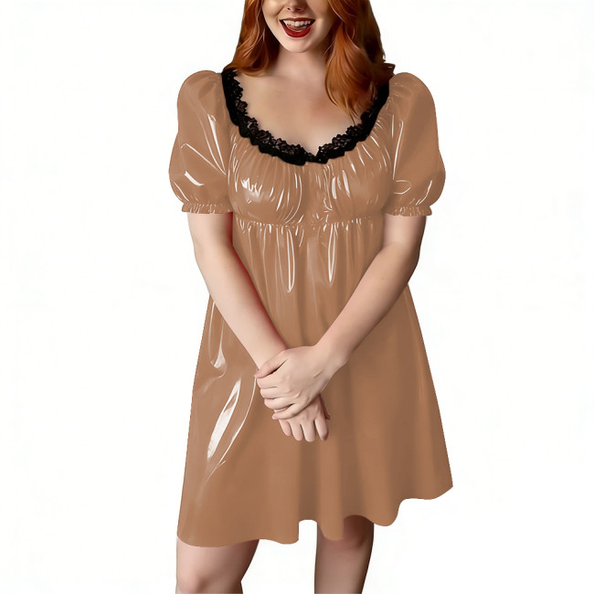 Women's Short Babydoll Dress with Black Lace Trim PVC Shiny Leather Puff Sleeve Flared Mini Dress Party Lingerie Wet Sleepwear