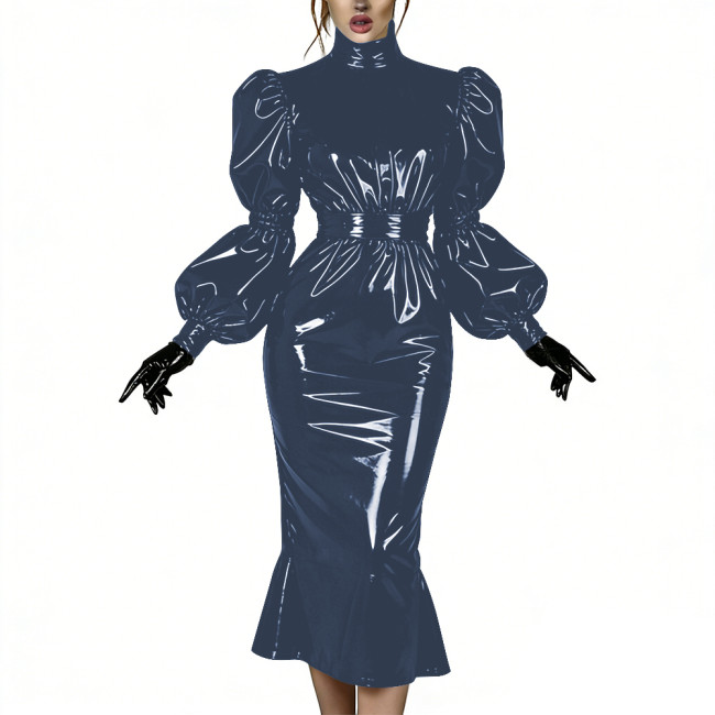 Evening Party Glossy Midi Mermaid Dresses Vinyl PVC Leather High Neck Puff Sleeve Bodycon Dress Elegant Ruffles Gown Club Outfit