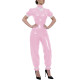 Rave Party Glossy PVC Jumpsuit High Neck Bow Puff Sleeve Front Zipper Wetlook Rompers Sweet Nightclub Catsuit Cosplay Outfits