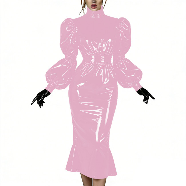 Evening Party Glossy Midi Mermaid Dresses Vinyl PVC Leather High Neck Puff Sleeve Bodycon Dress Elegant Ruffles Gown Club Outfit
