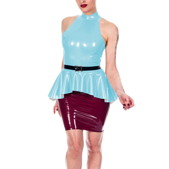 Sexy Women's Shiny PVC Halter Peplum Top Sleeveless High Neck Ruffle Hem Blouse Glossy Clubwear Ladies Back Zipper Slim Vest Top