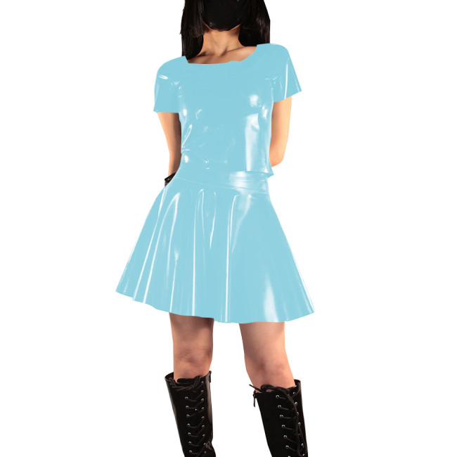 Women's Vinyl PVC Leather Two Piece Outfit Fashion Casual Short Sleeve Crop Top and Mini Flared Skater Skirt Set Street Outfits