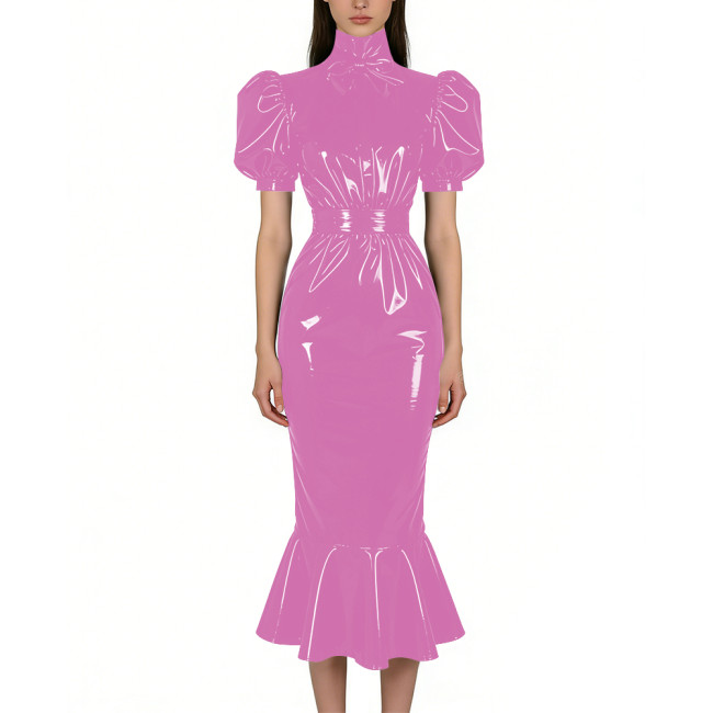 Puff Short Sleeve PVC Vinyl Leather Dress for Womens Turtleneck High Waist Flared Mermaid Slim Midi Gown Party Nightclub Formal