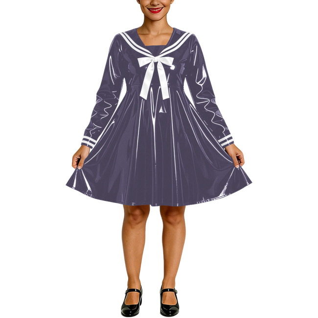Shiny PVC Faux Latex Sailor Dress for Womens White Striped Collar Bow Long Sleeve Flared Mid Dress Anime Cosplay School Uniform