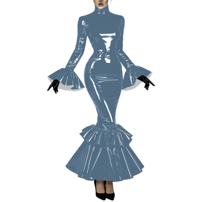 Women's Glossy Latex-like PVC Mermaid Dress High Neck Flared Long Sleeve Ruffle Hem Bodycon Maxi Dress Formal Party Vestidos