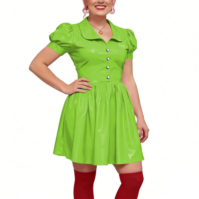 Preppy Shiny PVC Peter Pan Collar Mini Dress for Womens Puff Short Sleeve Button Front A-Line Dress Retro Party Club Short Gown