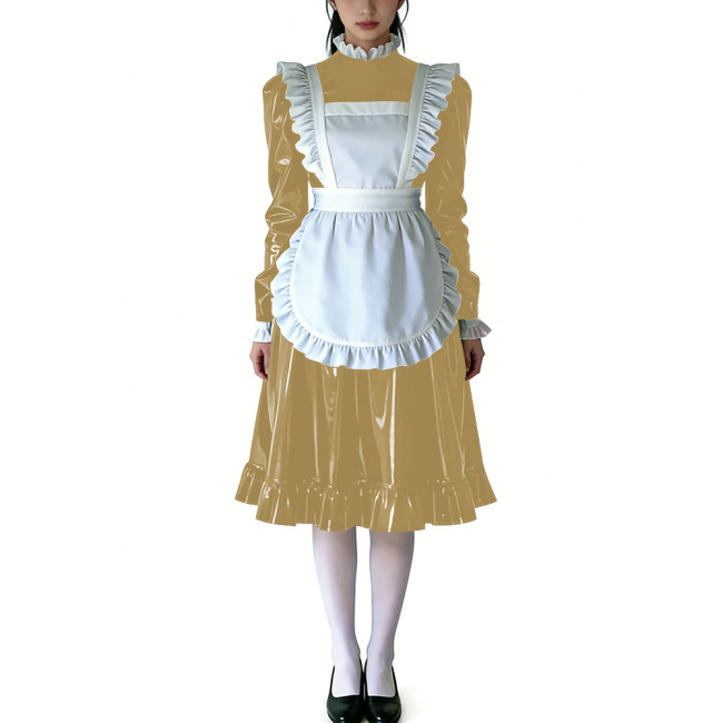 Sissy Ruffled High Neck French Maid Dress Sets Long Sleeve PVC Shiny Apron Lolita Style Maid Uniforms for Cosplay Theme Parties