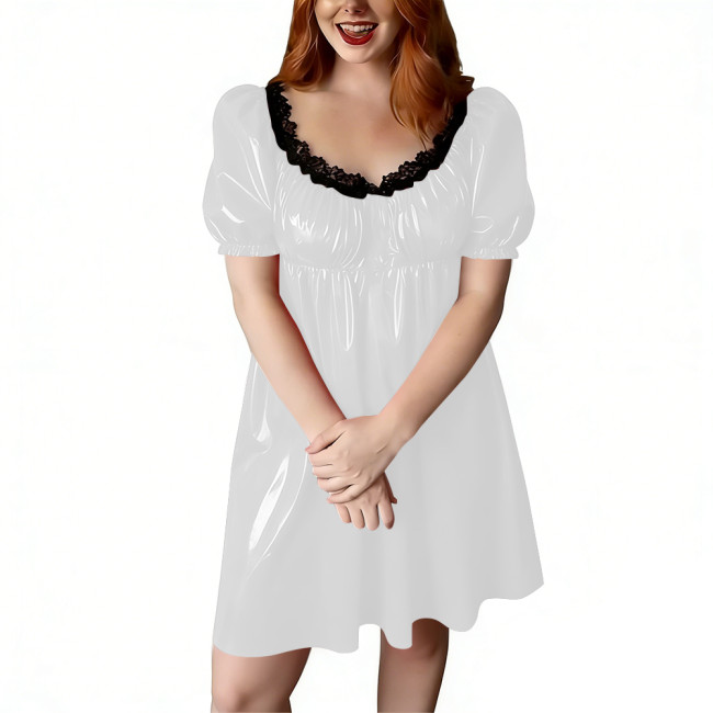 Women's Short Babydoll Dress with Black Lace Trim PVC Shiny Leather Puff Sleeve Flared Mini Dress Party Lingerie Wet Sleepwear