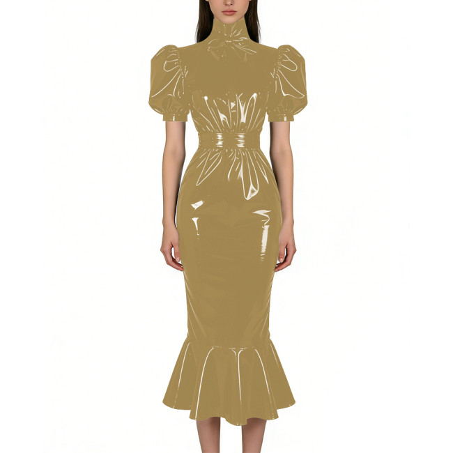 Puff Short Sleeve PVC Vinyl Leather Dress for Womens Turtleneck High Waist Flared Mermaid Slim Midi Gown Party Nightclub Formal
