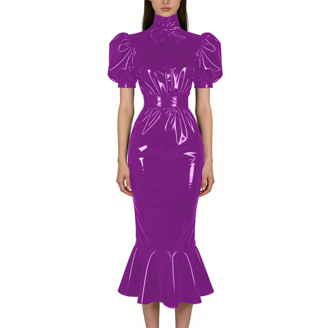Puff Short Sleeve PVC Vinyl Leather Dress for Womens Turtleneck High Waist Flared Mermaid Slim Midi Gown Party Nightclub Formal