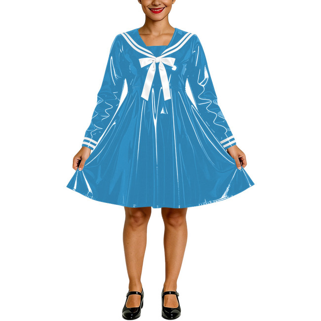 Shiny PVC Faux Latex Sailor Dress for Womens White Striped Collar Bow Long Sleeve Flared Mid Dress Anime Cosplay School Uniform