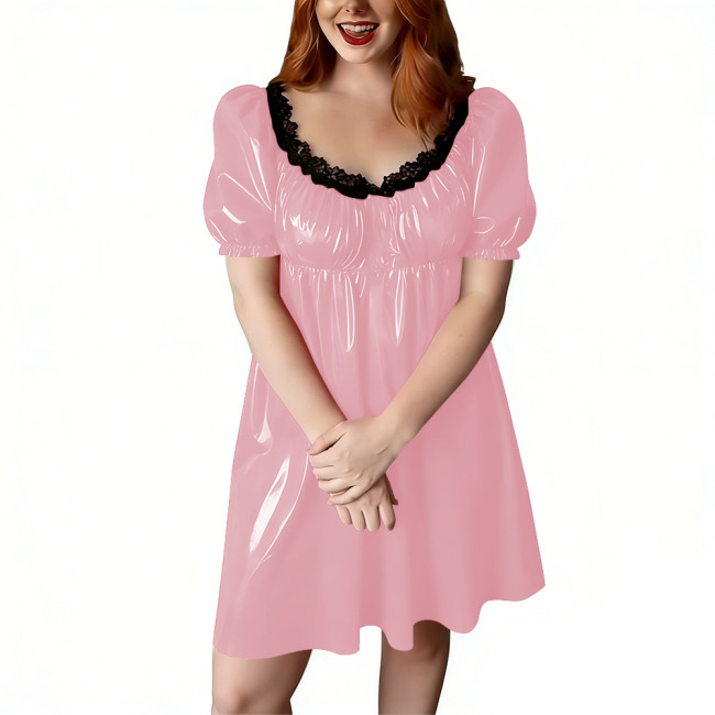 Women's Short Babydoll Dress with Black Lace Trim PVC Shiny Leather Puff Sleeve Flared Mini Dress Party Lingerie Wet Sleepwear