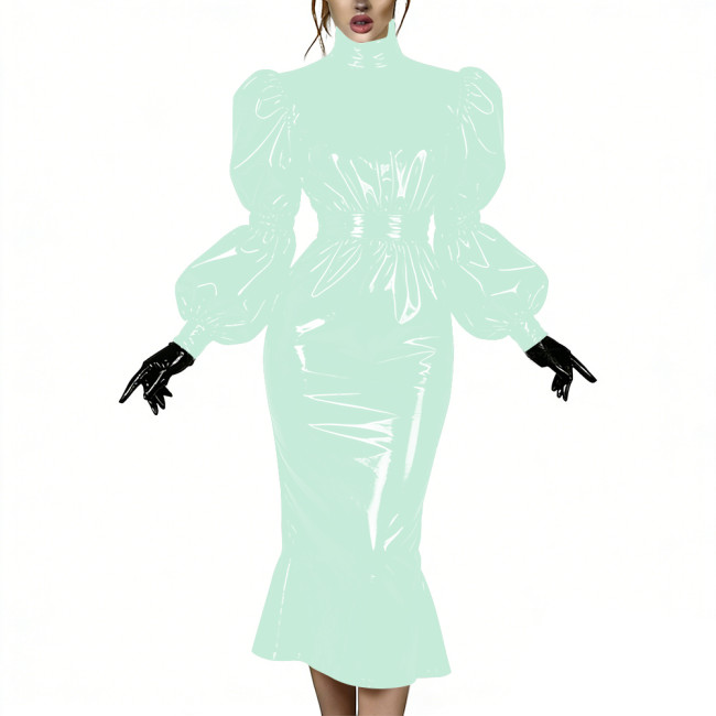 Evening Party Glossy Midi Mermaid Dresses Vinyl PVC Leather High Neck Puff Sleeve Bodycon Dress Elegant Ruffles Gown Club Outfit