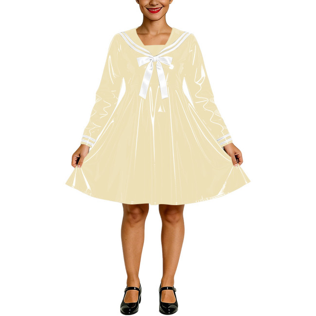 Shiny PVC Faux Latex Sailor Dress for Womens White Striped Collar Bow Long Sleeve Flared Mid Dress Anime Cosplay School Uniform