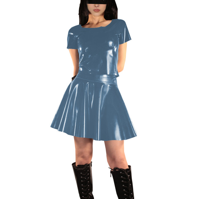 Women's Vinyl PVC Leather Two Piece Outfit Fashion Casual Short Sleeve Crop Top and Mini Flared Skater Skirt Set Street Outfits
