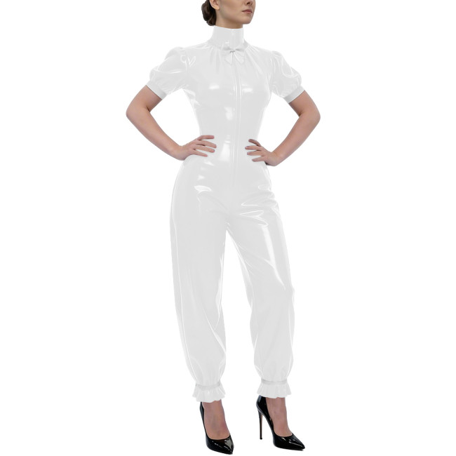 Rave Party Glossy PVC Jumpsuit High Neck Bow Puff Sleeve Front Zipper Wetlook Rompers Sweet Nightclub Catsuit Cosplay Outfits