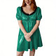 Women's Short Babydoll Dress with Black Lace Trim PVC Shiny Leather Puff Sleeve Flared Mini Dress Party Lingerie Wet Sleepwear