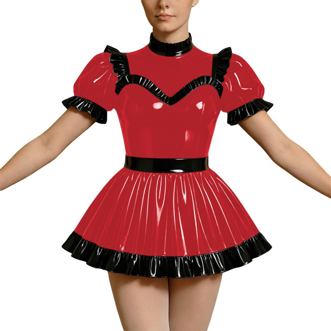 Wetlook PVC Cosplay Dress Party Rave High Neck Puff Sleeve Clubwear Mini Dress Gothic Back Zipper Lockable Lolita French Maid
