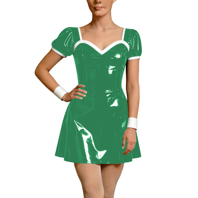 Wetlook Faux Leather French Dress Rave Short Sleeve Bodycon Cosplay A-Line Mini Dress Back Zipper Party Apron Gothic Vestidos