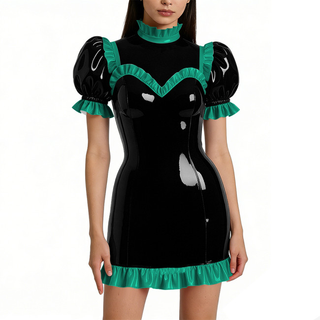 Halloween Shiny Faux Leather French Cosplay Party Dress Ruffled Nightwear Puff Sleeve Bodycon Mini Dress Wetlook Gothic Lolita