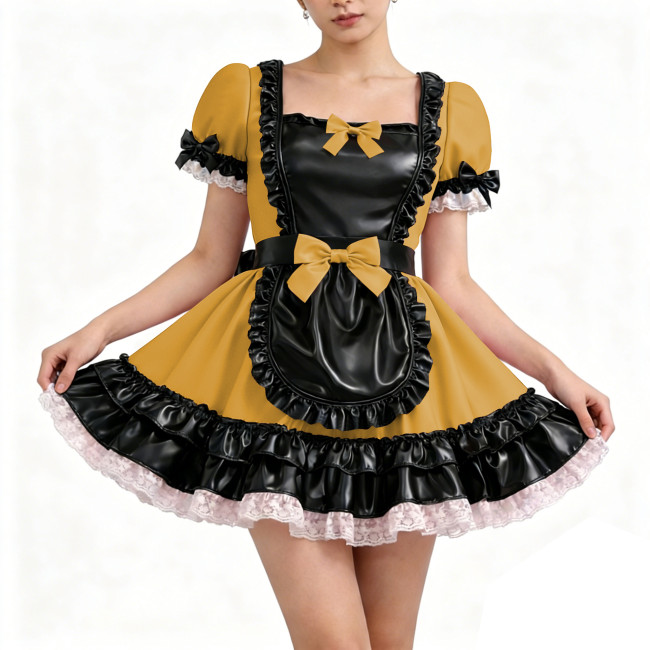 Glossy PU Faux Leather Maid Dress Halloween Trim Ruffle Mini Dress Wetlook Bow Party Uniform Gothic Back Zipper Cosplay Lolita